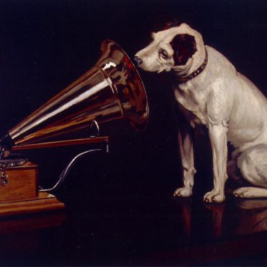 Dog listening to gramophone
